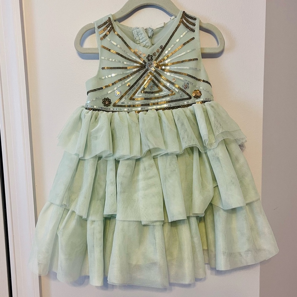 🔥 3/$30- Green Ruffle Dress- gold & silver embellished